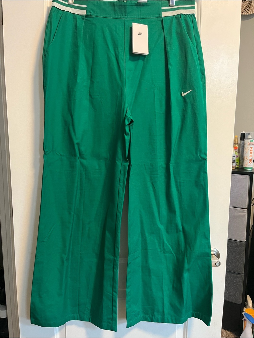 Nike Green Wide-Leg Track Pants with Stripe Waistband